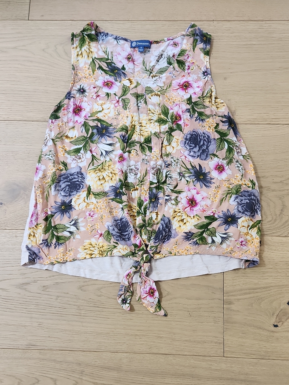 Democracy Peach Floral Tie-Front Tank Dress with Purple and Yellow Blooms